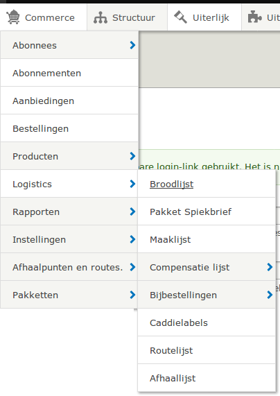 Het beheermenu met logistieke lijsten